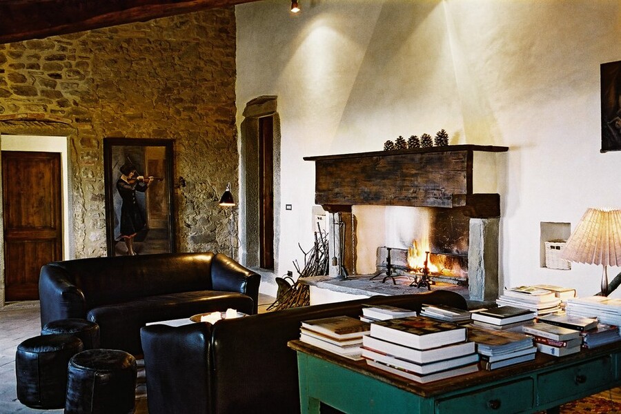 Livingroom with large fireplace in Casa Bramasole