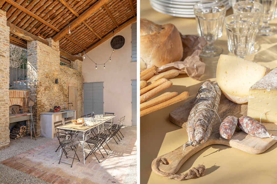 Ueberdachte Terrasse mit Holzofen und Käse in der Casa Moscata